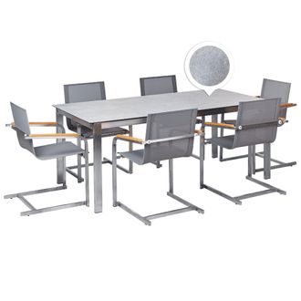 Beliani Conjunto De Jard&iacute;n Moderno 6 Plazas De Acero Inoxidable Mesa Comedor Tablero De Vidrio Sillas De Textileno Gris Cosoleto