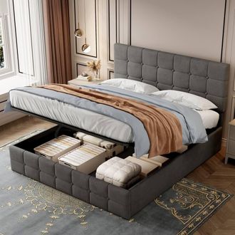 Matteo Double Velvet Ottoman Storage Bed Frame - Adjustable Tufted Headboard in Grey