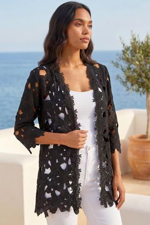 Roman Womens Crochet Lace Longline Jacket - Black - Size 12 UK