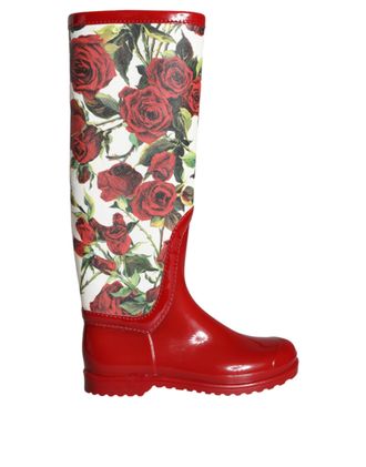 Dolce & Gabbana Red Floral Rubber Knee High Flat Boots Womens Shoes