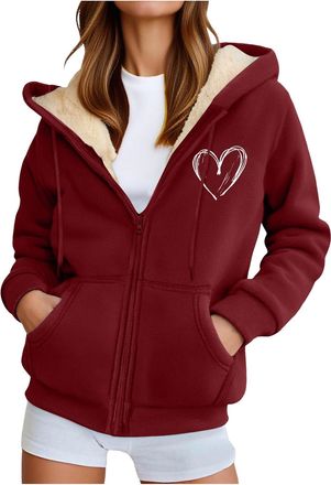 Generic Fleece Zipped Hoodies for Women UK Heart Print Ladies Hoodies Oversized Zip Up Hoodie Women Casual Fall Winter Sweatshirts with Pockets, Fashion Jacke