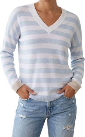 Kinross Cashmere Long Sleeve Stripe V Neck Sweater In Sky Multi