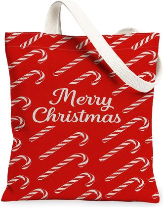 Generic Festive Canvas Tote Bags, Fun Candy Cane Pattern Reusable Grocery Bags, Lightweight Washable Shoulder Strap Canvas for Shopping Holiday Travel 13x15 I
