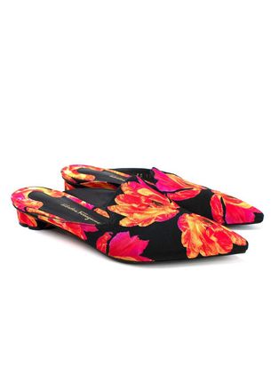 Ferragamo Red and Black Floral Pointed Mules Size 36