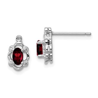 Diamond2Deal Sterling Silver Rhodium-plated Garnet & Diamond Stud Earrings
