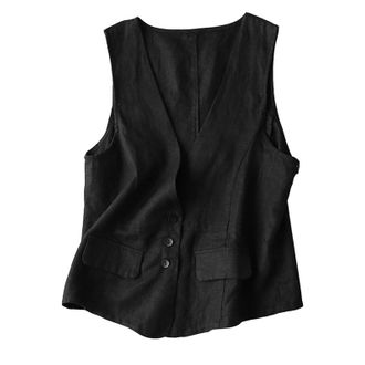 Generic Denim Jacket Women Womens Sleeveless Vest Literary Retro Summer V Neck Casual Thin Vest Long Women Vest Jackets Dressy (Black, XL)