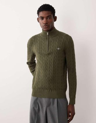 GANT Maglione in cotone kaki lavorato a trecce con zip corta-Verde