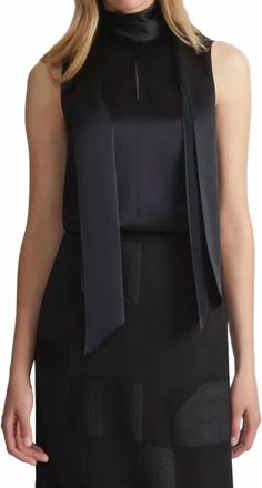 Lafayette 148 New York Satin Scarf Collar Sleeveless Blouse In Black