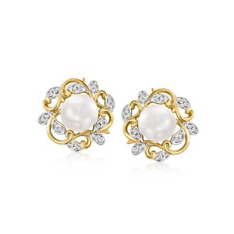 Ross-Simons 7-7.5mm Cultured Pearl and. Diamond Leaf Earrings in 14kt Yellow Gold