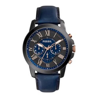 Fossil Accessoires, Heren, Blauw, ONE Size, Leer, Grant Fs 5061 Bold Chronograph Tijdstuk