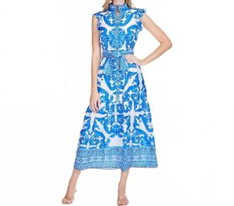 Jade Yoga Wave Button Front Maxi Dress In Cobalt Blue And White