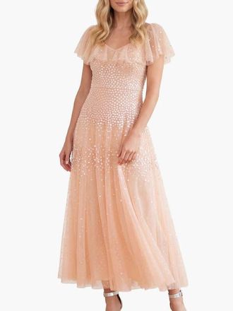 Needle & Thread Sunrise Sequin V-neck Ankle Gown in Apricot Blush at Nordstrom, Size 10