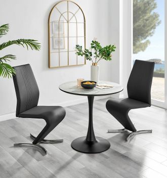 Furniturebox Elina White Marble Effect Scratch Resistant Dining Table & 2 Willow Faux Leather Chairs in Black