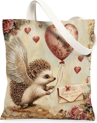 Generic Valentines Day Hedgehog Canvas Tote Bag for Shopping 13x15, Vintage Aesthetic Animal Reusable Grocery Print Pattern Bag for Women, Holiday Beach Aesth