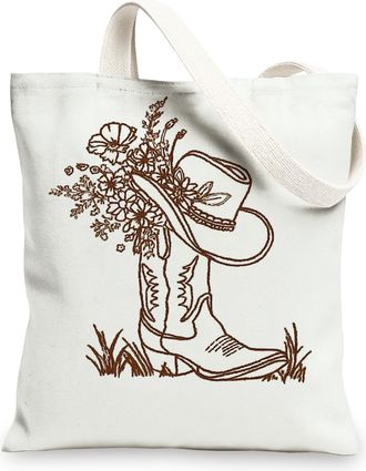 Generic Floral Cowboy Boot Canvas Tote Bag, Vintage Reusable Grocery Bags, Linen Lightweight Floral Shoulder Strap Bags, White, 13x15 Inch