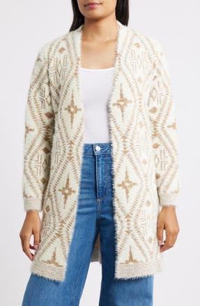 Bobeau Pattern Eyelash Cardigan in Ivory/Brown Mix at Nordstrom Rack, Size X-Large