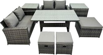 Fimous Fimous 7 Seater Wicker PE Rattan Furniture Outdoor Dining Table Double Seat Sofa 2 Side Table 3 Stool Set Dark Grey Mixed