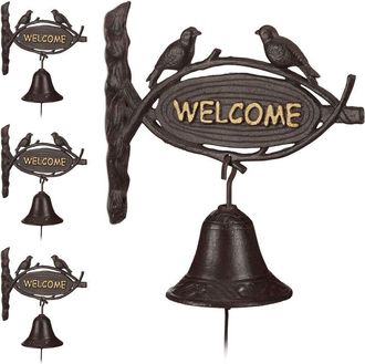 Relaxdays 4 X Campana Para La Entrada Welcome, Retro, Escudo Con P&aacute;jaros, Marr&oacute;n Oscuro