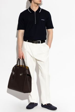 Ferragamo Polo With Embroidered Logo, Mens, Navy Blue