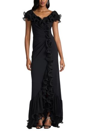 Tadashi Shoji Pleated Ruffle Gown in Black at Nordstrom, Size Xx-Large