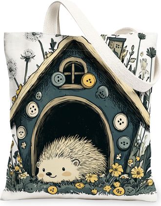 Generic Spring Hedgehog Canvas Tote Bag for Shopping 13x15, Fun Flower Animal House Reusable Grocery Print Pattern Bag for Women, Cute Wildflower Beach Aesthe