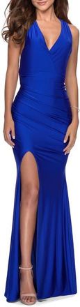 La Femme Sleek Prom Dress with Deep V-Neckline and Tie Back in Royal Blue at Nordstrom, Size 10