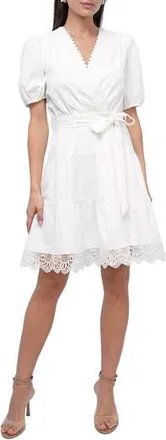 Adelyn Rae Connie Lace Trim Mini Wrap Dress in White at Nordstrom Rack, Size X-Small