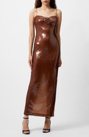 French Connection Beatrice Sequin Rosette Maxi Dress in Brown Sequin at Nordstrom, Size 10