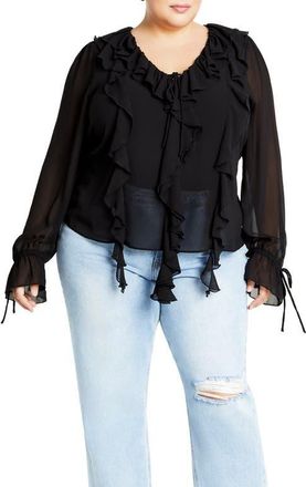 City Chic Felix Ruffle Long Sleeve Tiered Dress in Black at Nordstrom, Size Xl