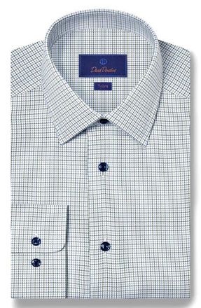 David Donahue Trim Fit Microcheck Textured Cotton Dobby Dress Shirt in Blue/Green at Nordstrom, Size 16.5 - 34