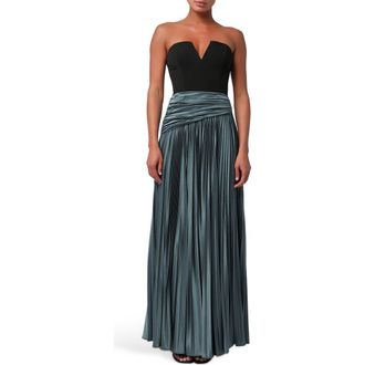 Lulus Bryne Strapless Pliss&eacute; Gown in Black/Teal at Nordstrom Rack, Size X-Small