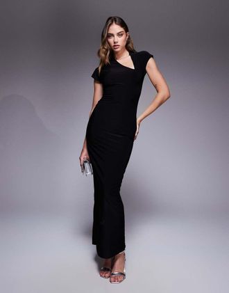Fashionkilla Vestito lungo aderente in tessuto doppio modellante nero con maniche ad aletta e spacco