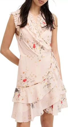 AllSaints Ari Kora Floral Print Ruffle Wrap Mini Dress In Pink