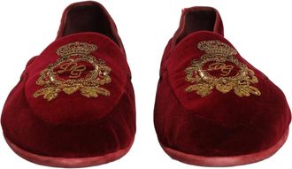 Dolce & Gabbana Mens Maroon Velvet Crown Embroidery Loafers Shoes Leather