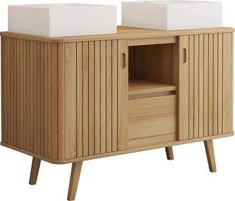 Vente-Unique Mobile Bagno Con Piedi In Teak E Doppio Lavabo Quadrato Da Appoggio In Ceramica 120 Cm - Wamena