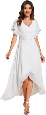 Ever-pretty Womens A Line V Neck Applique Tea Length Wedding Guest Dress White 20UK