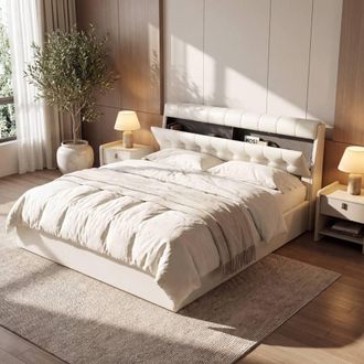 Merax 5ft King PU Upholstered Ottoman Storage Bed with Headboard Storage in White