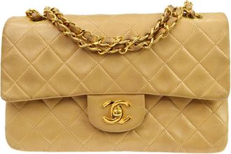Chanel Timeless - Classic Double Flap Quilted Lambskin Beige Leather Handbag (Pre-Owned)