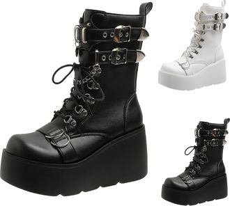 Generic Womens Wedge Combat Boots Lace Up Platform Ankle Boots with Adjustable Buckle and Side Zipper Ladies Black Gothic Chunky Heel Booties Round Toe Lug So