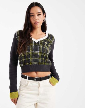 Fred Perry Maglione a quadri scozzesi color grigio scuro con scollo a V