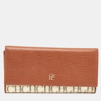 Carolina Herrera Brown/white Monogram Leather Flap Continental Wallet