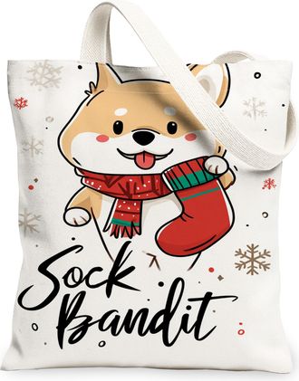 Generic Winter Dog Canvas Tote Bags, Cute Animal Illustration Pattern Reusable Grocery Bags, Holiday Lightweight Washable Shoulder, White, 13x15 Inch