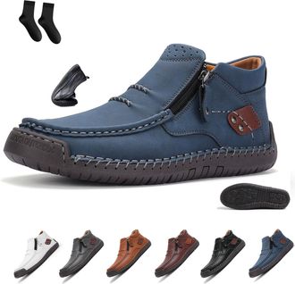 Generic Mens Casual Arch Support Non-Slip Leather Slip-On Loafers Handmade Leather Slip-On Wide Toe Orthopedic Boots with Side Zipper Fashion Comfortable Non-