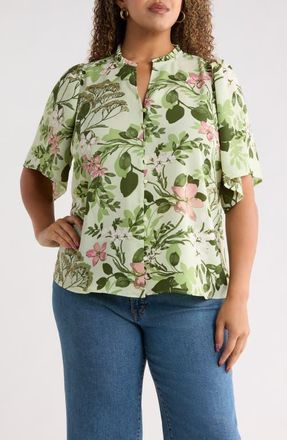 Sugarlips Zane Floral Bryn Button Up Top in Green/Pink Multi at Nordstrom, Size 1 X