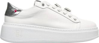 Gio+ Schoenen, Dames, Wit, 37 EU, Leer, Witte leren sneakers met zilveren details