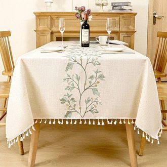 No Brand Mantel Rectangular Impermeable De Algod&oacute;n Y Lino, 140 X 240 Cm, Con Borlas, Elegante Mantel Rectangular Para Decorar La Cocina, Verde 1-140240cm