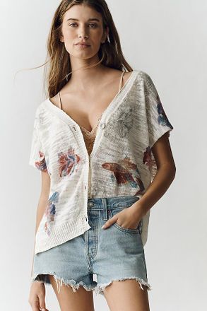 Pilcro Linen Cotton Short-Sleeve Cardigan Sweater