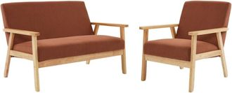 Sweeek Sof&aacute; de 2 plazas y sill&oacute;n de pana con patas de madera, marr&oacute;n