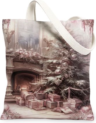 Generic Christmas Vintage Canvas Tote Bags, Elegant Tree Design Reusable Shopping Bags, Festive Lightweight Washable Canvas for Tra, Peach, 13x15 Inch