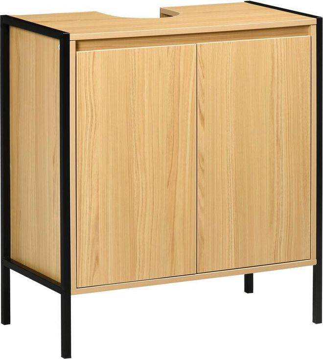 Meuble Salle De Bain Sous Lavabo - 60x30x60,5 Cm Blanc Avec Bandes Bambou - Rangement Malin